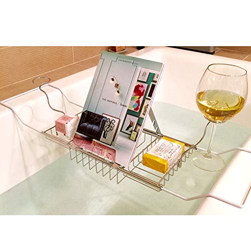 MyGift European Style Metal Chrome Extendable Bathtub Caddy w/ 2 Wineglass Holders, Book Stand & Candleholder