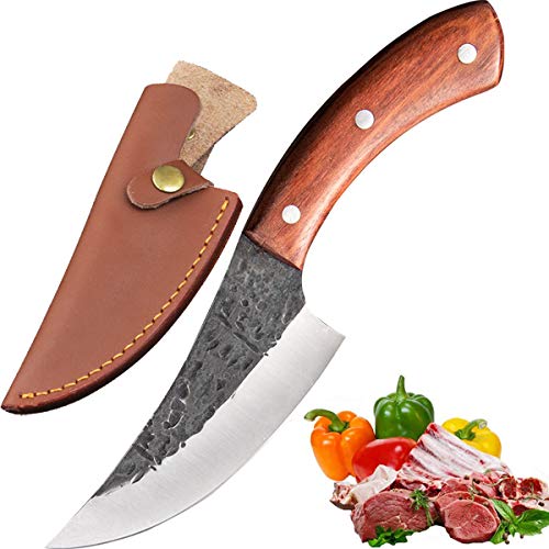 Promithi Japanese High Carbon Steel Forging Handmade Kitchen Chef Knife with Sheath, Used for Cleaver Butcher Chopper Boning, Documas Plaid,Wooden Handle (brown)