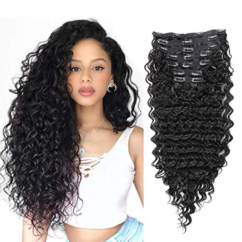 Clip in Hair Extensions Synthetic hair Clip in 140G 7Pcs/Lot Japanese Heat Resistant Fiber Hairpieces Deep Wave/ Body Wave/Straight hair (Deep Wave, Natural Black 1B#)