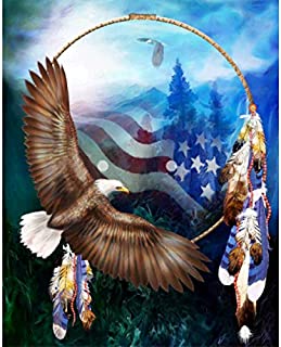 MXJSUA DIY 5D Diamond Painting Full Round Drill Kits Rhinestone Picture Art Craft for Home Wall Decor 12X16In American Flag Eagle Dream Catcher