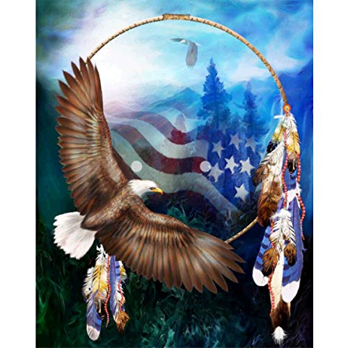 MXJSUA DIY 5D Diamond Painting Full Round Drill Kits Rhinestone Picture Art Craft for Home Wall Decor 12X16In American Flag Eagle Dream Catcher