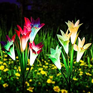 Qunlight Outdoor Solar Stake Flower Lights - 2 Pack Solar Powered Decorative Lights with 8 Lily Flower, Multi-Color Changing LED for Garden, Lawn,Patio, Pond,Backyard, etc(Purple and White)