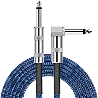 1/4 Inch Cable Guitar Cable 10 Ft Straight to Right Angle 1/4 Inch 6.35mm Plug Bass Keyboard Instrument Cable Blue and Black Tweed Cloth Jacket, Electric Mandolin, pro Audio JOLGOO