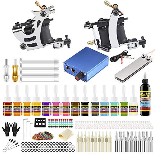 Solong Complete Starter Beginner Tattoo Kit 2 Pro Machine Guns 14 Inks Power Supply Foot Pedal Needles Grips Tips TK213