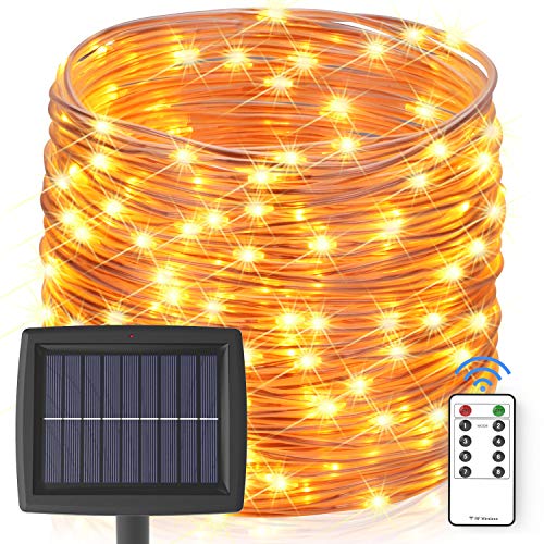 Solar String Lights Outdoor, 60 ft 200 LEDs Fairy Lights Powered by Solar and Battery, IP67 Waterproof 8 Modes RF Remote Rope Lights with 3.6V/2000mA Solar Lights for Patio Decor(Warm White)