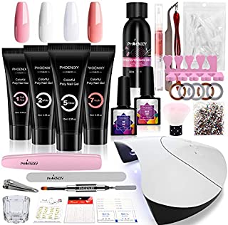 Poly Nail Gel Kit with 36W LED UV Nail Lamp Phoenixy 4 Colors Poly Nail Extension Gel Slip Solution Basic Nail Art Tools All In One Kit for Nail Manicure Beginner Starter Gift