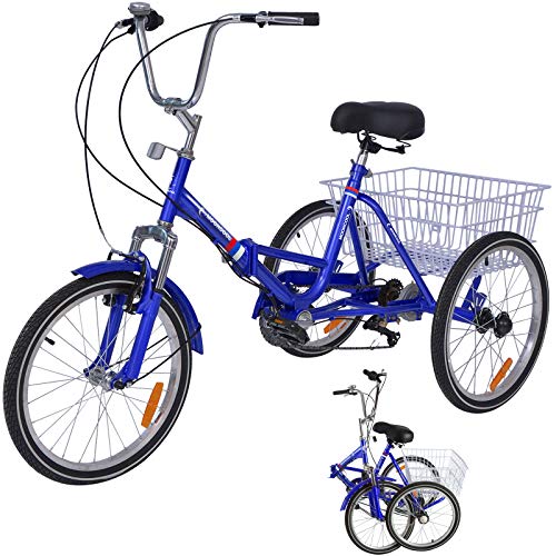 VANELL 20 7 Speed Tricycle Adult Trike Cruise Bike - Foldable 3 Wheeled Bicycle - with Large Size Basket Backrest Seat - for Women Men for Shopping Exercise Recreation (Blue, 20