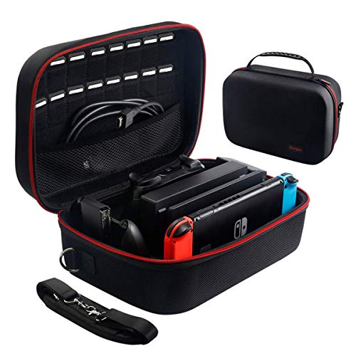 Large Carrying Storage Case for Nintendo Switch,Protective Travel Hard Shell Messenger Bag for Switch Console, Pro Controller, Accessories Switch Dock, AC Adapter with 16 Game Cards and Shoulder Strap