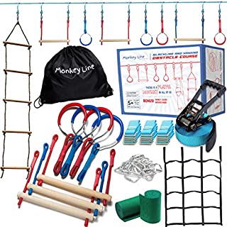 Ninja Warrior Obstacle Course for Kids - 50' Ninja Slack Line 10 Obstacles & Net - Ninja Warrior Training Equipment for Kids - Monkey Bars - Outdoor Toys For Kids Ages 4-12 - Ninja Kids - Ninja Course