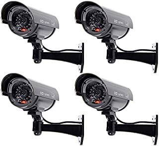 WALI Bullet Dummy Fake Surveillance Security CCTV Dome Camera Indoor Outdoor 1 Flashing LED Light and Security Alert Sticker Decals Wl-B1-4 (Black), 4 Pack
