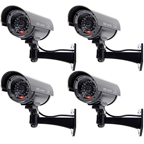 WALI Bullet Dummy Fake Surveillance Security CCTV Dome Camera Indoor Outdoor 1 Flashing LED Light and Security Alert Sticker Decals Wl-B1-4 (Black), 4 Pack