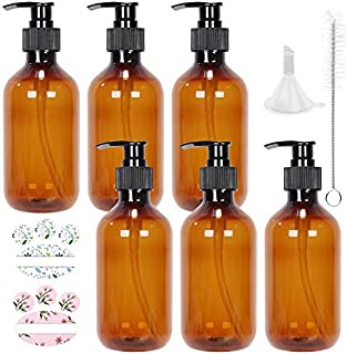 CycleMore 6 Pack 8.5oz (250ml) Amber Plastic Pump Bottles, Refillable and Reusable Pump Lotion Dispenser Containers with Black Lotion Pumps for Essential Oils, Body Wash, Shampoo and Massage Lotion