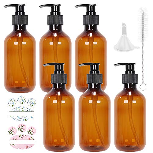 CycleMore 6 Pack 8.5oz (250ml) Amber Plastic Pump Bottles, Refillable and Reusable Pump Lotion Dispenser Containers with Black Lotion Pumps for Essential Oils, Body Wash, Shampoo and Massage Lotion