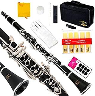 Glory B Flat Black Ebonite Clarinet with 2 Barrels, 11reeds,8 Pads Cushions,case,carekit and More Black/silver Keys