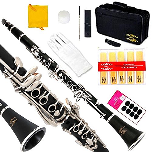 Glory B Flat Black Ebonite Clarinet with 2 Barrels, 11reeds,8 Pads Cushions,case,carekit and More Black/silver Keys