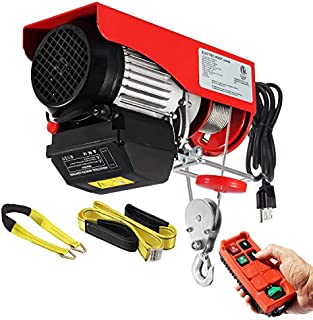 Partsam 880lbs Automatic Lift Electric Cable Hoist with Wireless Remote Control 110V Overhead Crane Garage Ceiling Pulley Winch w Towing Strap Sling, Electric Wire Rope Hoist, 38ft Lifting Height