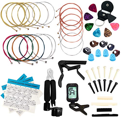 LOMEVE Guitar Accessories Kit Include Acoustic Guitar Strings, Tuner, Capo, 3-in-1 Restring Tool, Picks, Pick Holder, Bridge Pins, Nuts & Saddles, Finger Protector, Finger Picks, Chord Chart (58PCS)