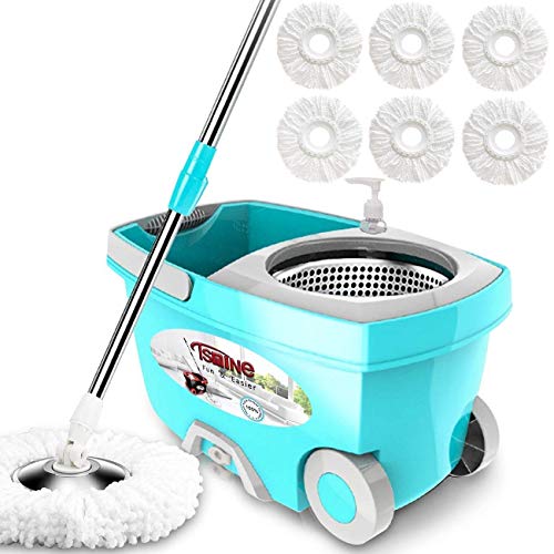 Tsmine Spin Mop Bucket System Stainless Steel Deluxe 360 Spinning Mop Bucket Floor Cleaning System with 6 Microfiber Replacement Head Refills,61