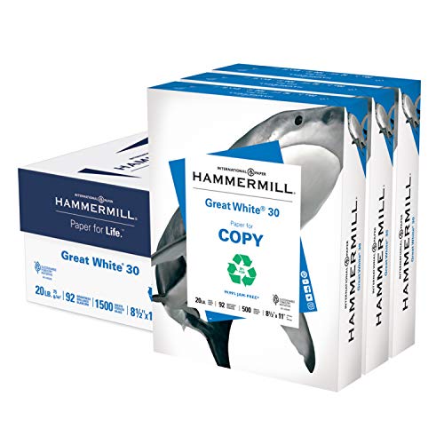 Hammermill Printer Paper, Great White 30% Recycled Paper, 8.5 x 11 - 3 Ream (1,500 Sheets) - 92 Bright, Made in the USA