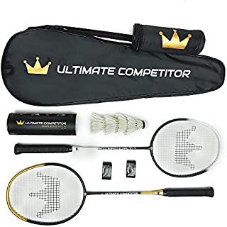 Ultimate Competitor Badminton Racket Set of 2 - Includes 2 Premium Graphite Rackets, 4 Feather Shuttlecocks, 2 Grips, and 1 Carrying Case