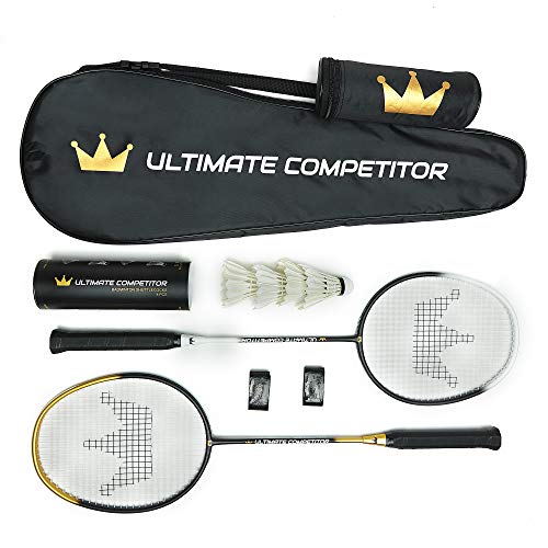 Ultimate Competitor Badminton Racket Set of 2 - Includes 2 Premium Graphite Rackets, 4 Feather Shuttlecocks, 2 Grips, and 1 Carrying Case