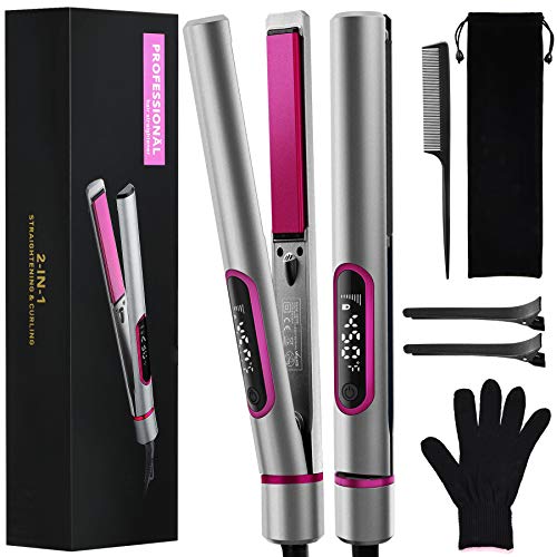 Hair Straightener and Curler 2 in 1,GOOLEEN Flat Iron for Hair Styling,1 Inch Extra-Long Tourmaline Ceramic Titanium Plate,Fast Heat Straightening Curling Iron,LCD Display Adjustable Temp 290-450