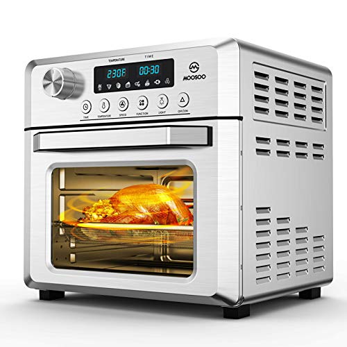 MOOSOO 19 Quart Air Fryer Oven for Large Family, 8-in-1 Combo Convection Roaster with LED Display, 1500W & Large Glass Window Air Fryer Toaster Oven, Double Tube Uniform Heating, Super Durable Stainless Steel Body