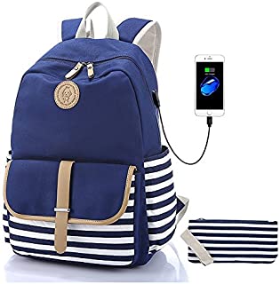 Sqodok Girls Backpack Waterproof, Women College Bookbag with USB Charging Port Pencil Case, Lightweight Travel Daypack 15.6inch Laptop Bag for School, Blue