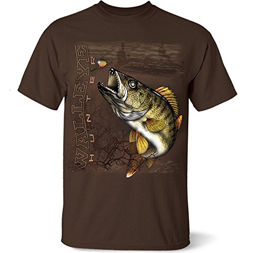 Follow the Action Walleye Walleye Hunter One-Sided 100% Cotton Short Sleeve Fishing T-Shirt Dark Chocolate