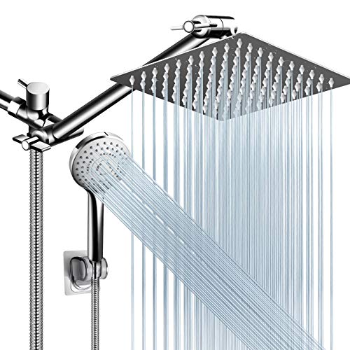 Shower Head Combo,8 Inch High Pressure Rain Shower Head with 11 Inch Adjustable Extension Arm and 5 Settings Handheld Shower Head Combo,Powerful Shower Spray Against Low Pressure Water with Long Hose