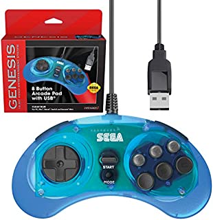 Retro-Bit Official Sega Genesis USB Controller 8-Button Arcade Pad for Sega Genesis Mini, Switch, PC, Mac, Steam, RetroPie, Raspberry Pi - USB Port - Clear Blue