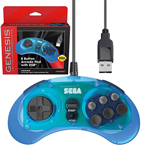 Retro-Bit Official Sega Genesis USB Controller 8-Button Arcade Pad for Sega Genesis Mini, Switch, PC, Mac, Steam, RetroPie, Raspberry Pi - USB Port - Clear Blue