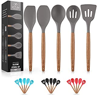 Premium 5 Piece Silicone Utensils Set with Authentic Acacia Hardwood Handles, All Purpose Silicone Spatulas Kitchen Set, Wood Cooking Utensils Set, Non-Stick Cookware by Zulay Kitchen