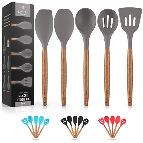 Premium 5 Piece Silicone Utensils Set with Authentic Acacia Hardwood Handles, All Purpose Silicone Spatulas Kitchen Set, Wood Cooking Utensils Set, Non-Stick Cookware by Zulay Kitchen