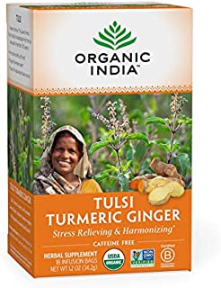 Organic India Tulsi Turmeric Ginger Herbal Tea - Stress Relieving & Harmonizing, Immune Support, Healthy Inflammatory Response, Aids Digestion, Vegan, Caffeine-Free - 18 Infusion Bags, 1 Pack