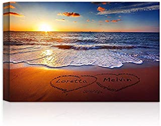 Love on Beach Heart in Heart Personalized Canvas/Photo Paper Print and Framed Art with Couple's Names and Date on, Unique Love Gift for Anniversary,Wedding,Birthday and Holidays.