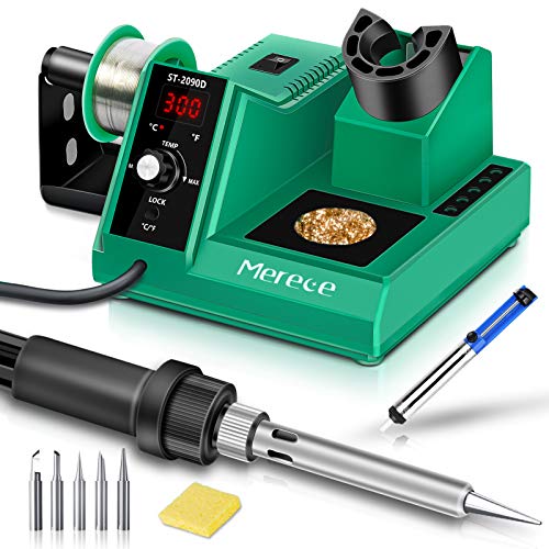 Soldering Station, Merece Digital Soldering Iron Kit w/ 176-896 Adjustable Temperature (C/F), Standby & Sleep, Temperature Lock, 5 Solder Tips, Tip Cleaner, Solder Wire, Sucker - Fast Heating Up