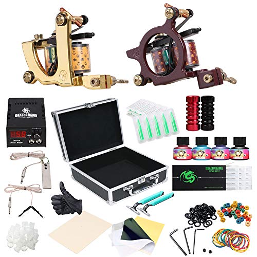 Dragonhawk Complete Tattoo Kit 2pcs Coil Tattoo Machine Tattoo Guns Color Immortal Inks Power Supply 20 Needles Tips Grips Tattoo Supplies for Tattoo Artists