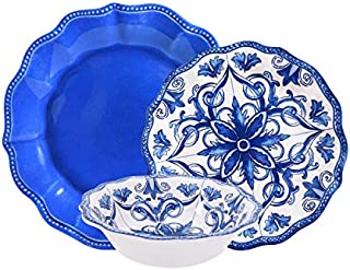 First Design Global Antique Decorative Tile 12 Piece Melamine Dinnerware Set, For Parties or Everyday Use, Service for 4, Blue and White Floral