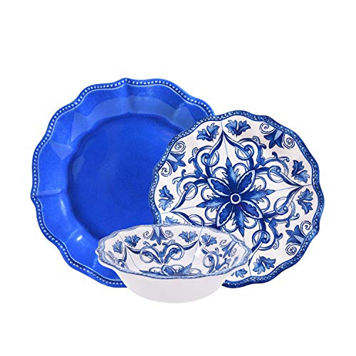 First Design Global Antique Decorative Tile 12 Piece Melamine Dinnerware Set, For Parties or Everyday Use, Service for 4, Blue and White Floral