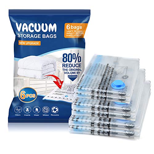 Accenter Vacuum Storage Bags 6 Pack (2 xLarge, 2 x Medium, 2 x Small) Save 80% More Space for Duvets Blankets Pillows Clothes Comforters