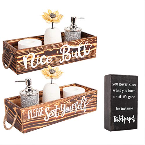 iDelightz Nice Butt Bathroom Decor Box and Cute Box Sign - 2 Sides of Funny Bathroom Signs - Rustic Home Decor / Toilet Paper Storage for Farmhouse Bathroom Decorations (Brown) Bundle 2 items