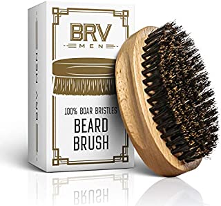 Beard Brush - Pure Boar Bristles - First Cut Firm Hog Hair Brush Natural Solid Wood Body - Works With Your Beard Oil and Balm - Exfoliates Skin For Healthier and Softer Beard - BRV MEN