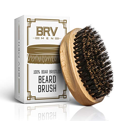 Beard Brush - Pure Boar Bristles - First Cut Firm Hog Hair Brush Natural Solid Wood Body - Works With Your Beard Oil and Balm - Exfoliates Skin For Healthier and Softer Beard - BRV MEN