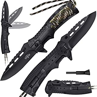 Pocket Knife - Tactical Folding Knife - Spring Assisted Knife with Fire Starter Paracord Handle - Best EDC Survival Hiking Hunting Camping Knife - Knife with Firestarter and Whistle Grand Way 6772