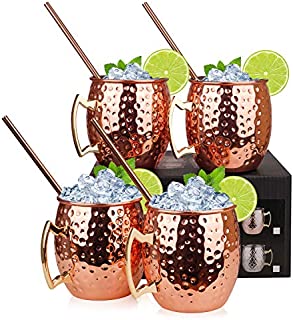 Olebes Moscow Mule Copper Mugs - 4 Pack - 100% Handcrafted Food Safe Copper Plated Mug Cup with Stainless Steel Lining for Drinking, 16 oz Moscow Mule Mugs Set with 4 Straws & 1 Jigger