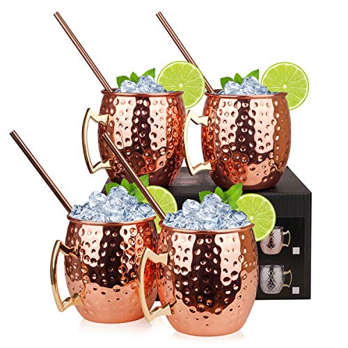 Olebes Moscow Mule Copper Mugs - 4 Pack - 100% Handcrafted Food Safe Copper Plated Mug Cup with Stainless Steel Lining for Drinking, 16 oz Moscow Mule Mugs Set with 4 Straws & 1 Jigger