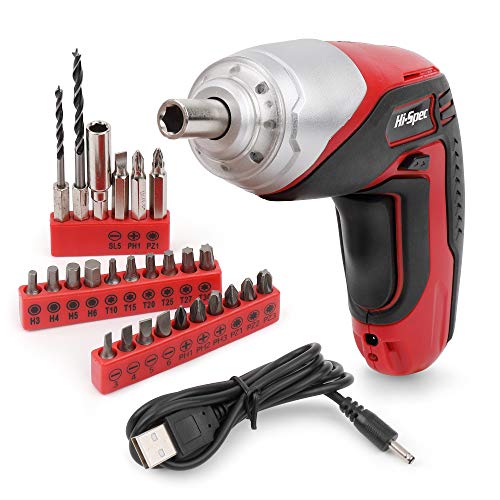 Hi-Spec 3.6V 1300mAh USB Rechargeable Li-ion Electric Power Cordless Screwdriver with 4 LED Lights & 26 Piece Bit Set for DIY Power Screw-Driving & Fastening