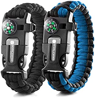 X-Plore Gear Emergency Paracord Bracelets | Set of 2| The Ultimate Tactical Survival Gear| Flint Fire Starter, Whistle, Compass & Scraper | Best Wilderness Survival-Kit - Black(R)/Blue(R)