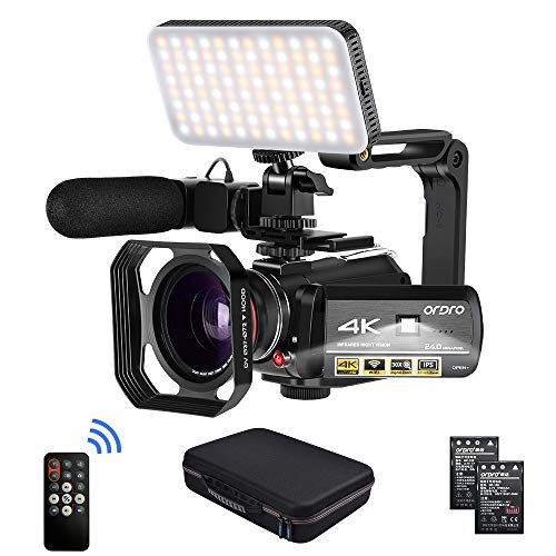 Camcorder 4k Video Camera, ORDRO HD 1080P 60FPS Vlog Camera IR Night Vision Video Recorder 3.1 IPS WiFi Camcorder with Microphone, LED Light, Wide-Angle Lens, Handheld Holder and Carrying Case